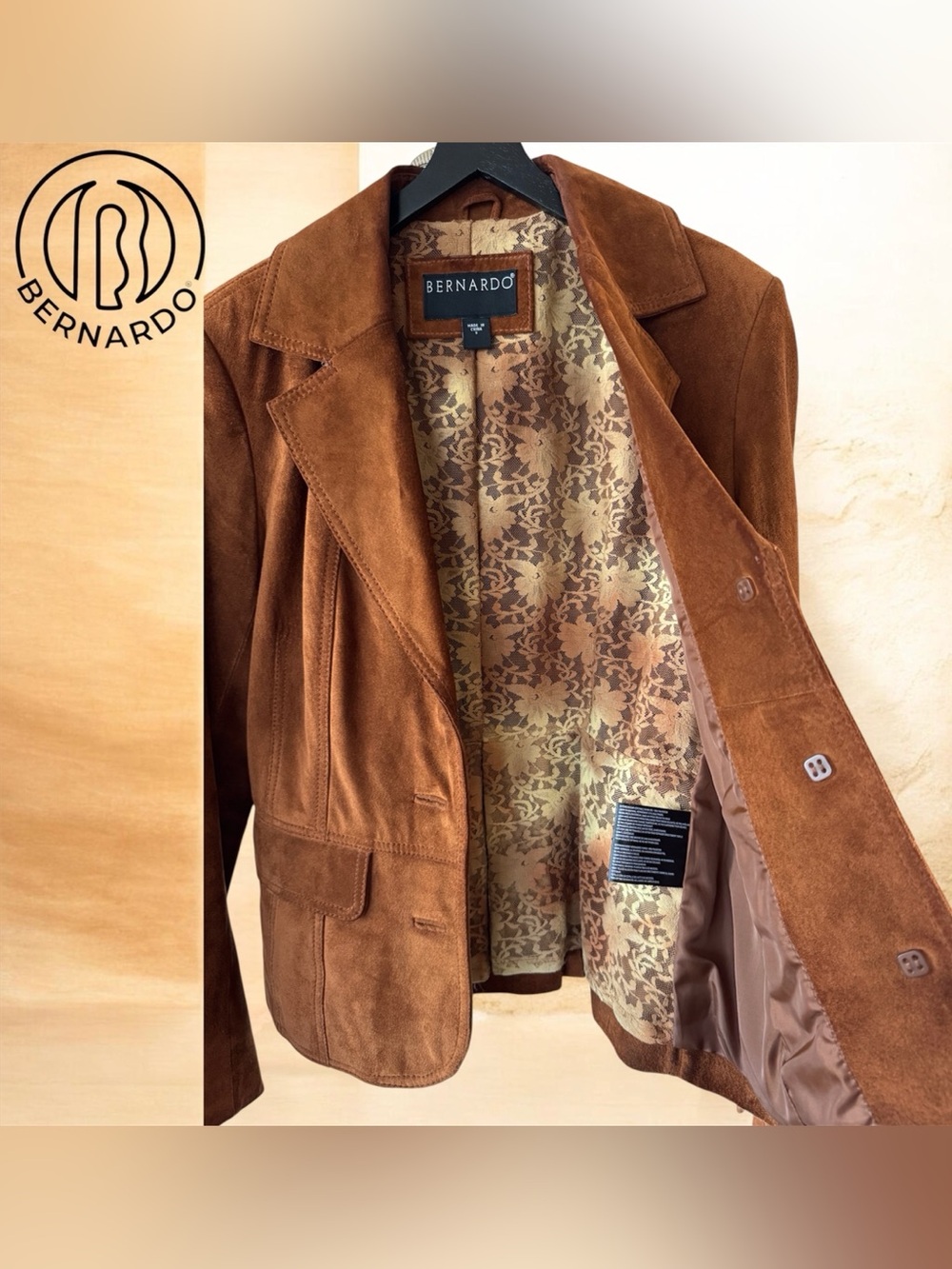 🛍️SALE🛍️ Bernardo Women’s Cognac Brown Suede Genuine Leather Blazer Jacket - Picture 6 of 8